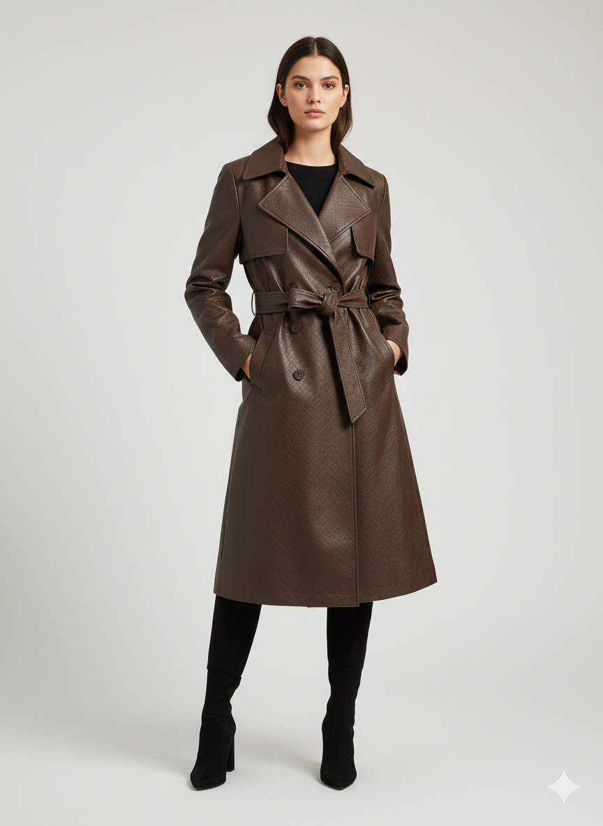 Women's espresso brown diamond-textured leather trench coat with a belted waist.